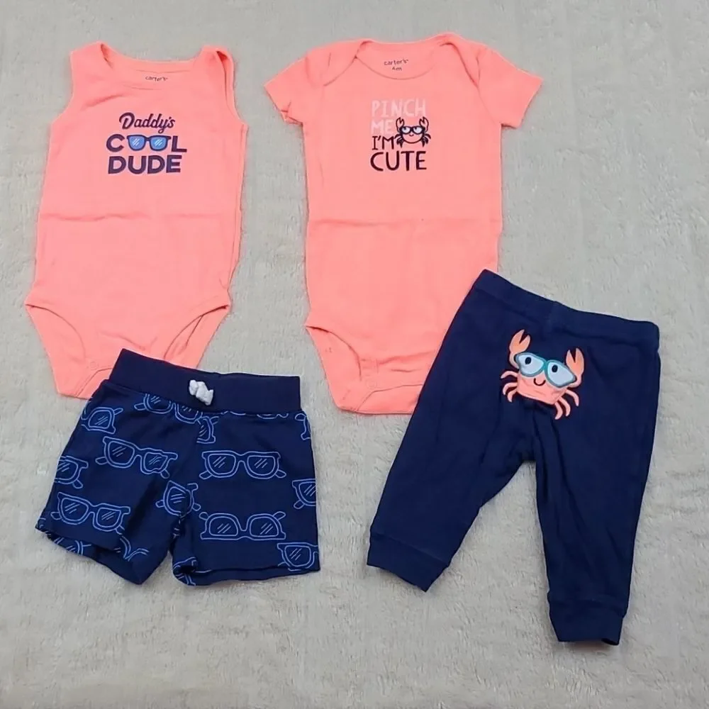 Carter's 6M Neon Orange Crab Onesie Short Pant 4pc